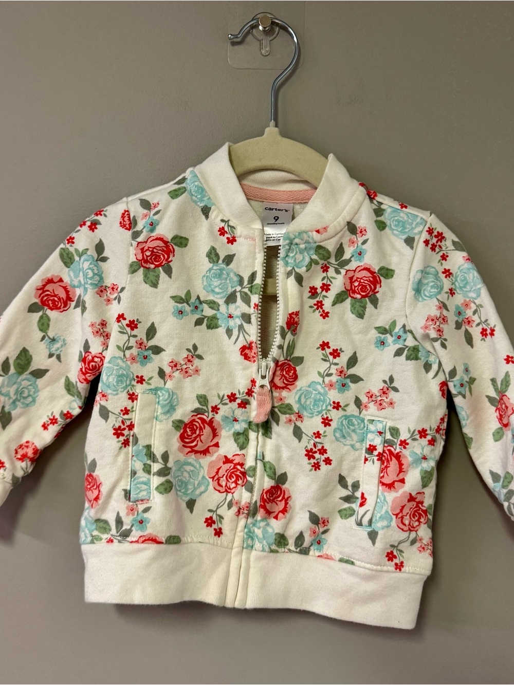 Carter's White Floral Bombar Jacket with Red & Aqua Roses